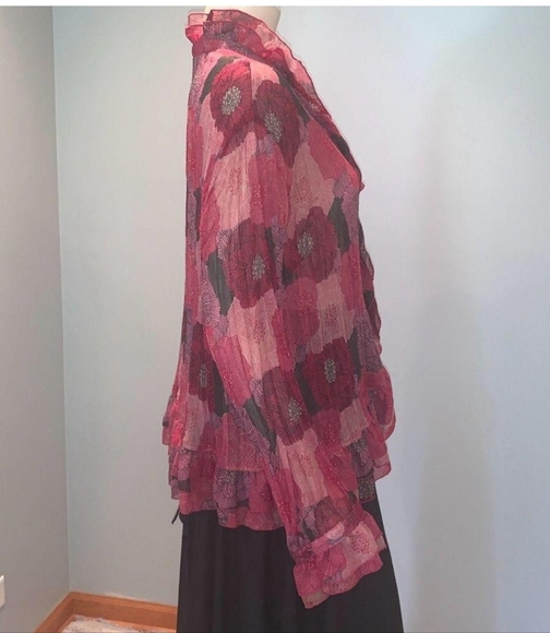 Claudia Ev Women's Sheer Chiffon Purple & Red Long Sleeve Ruffle Blouse Size 16W - Picture 2 of 10